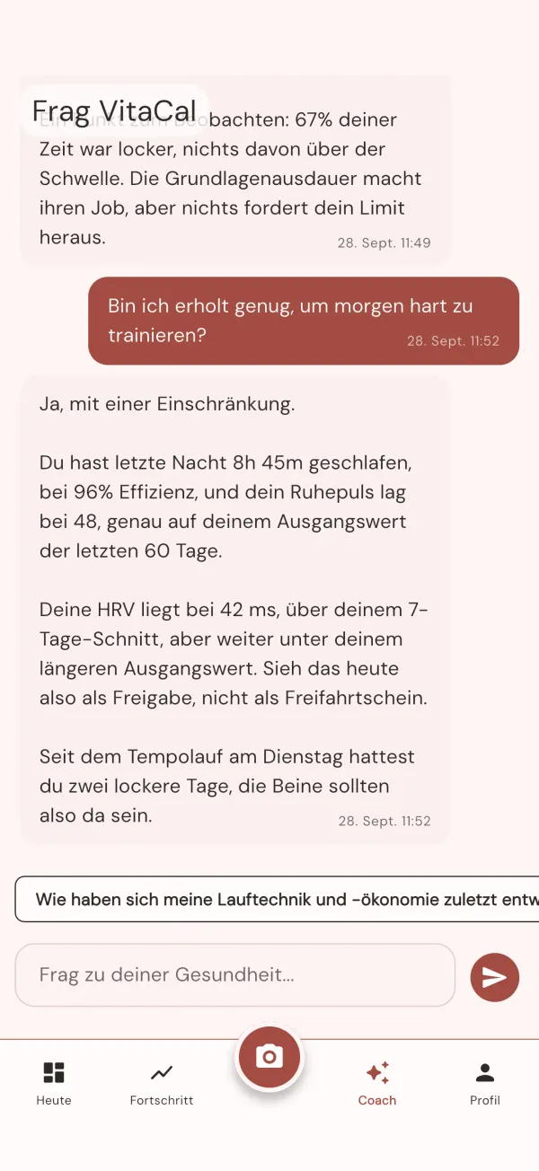 Frag VitaCal und erhalte eine Antwort zur Erholung auf Basis synchronisierter Schlaf- und Herzfrequenzdaten