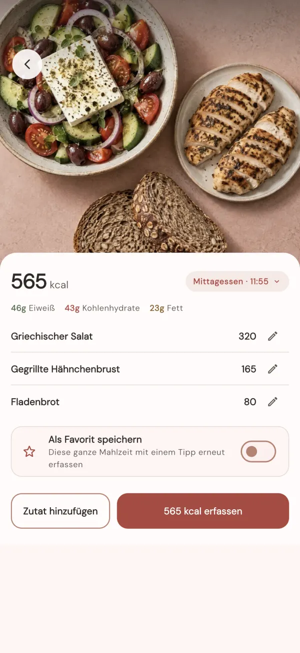 Ein Mahlzeitenfoto, von VitaCal mit 565 kcal erfasst, jedes Lebensmittel einzeln aufgelistet