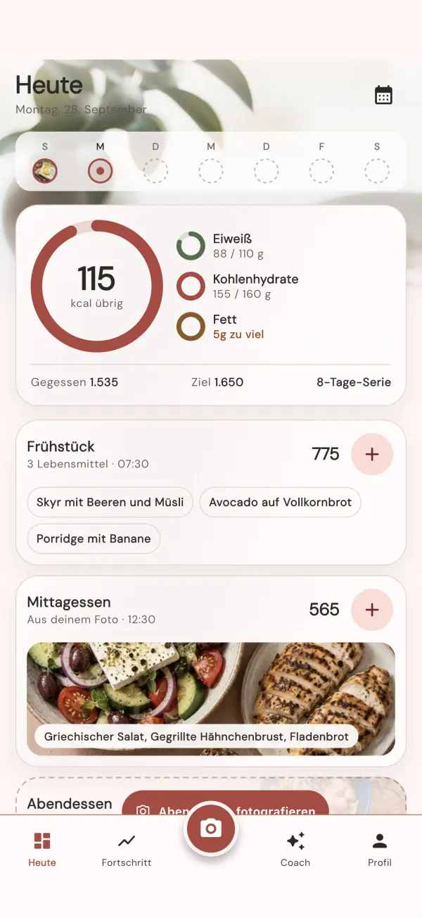 Der VitaCal-Heute-Bildschirm: verbleibende Kalorien, Protein, Kohlenhydrate und Fett sowie die Mahlzeiten des Tages