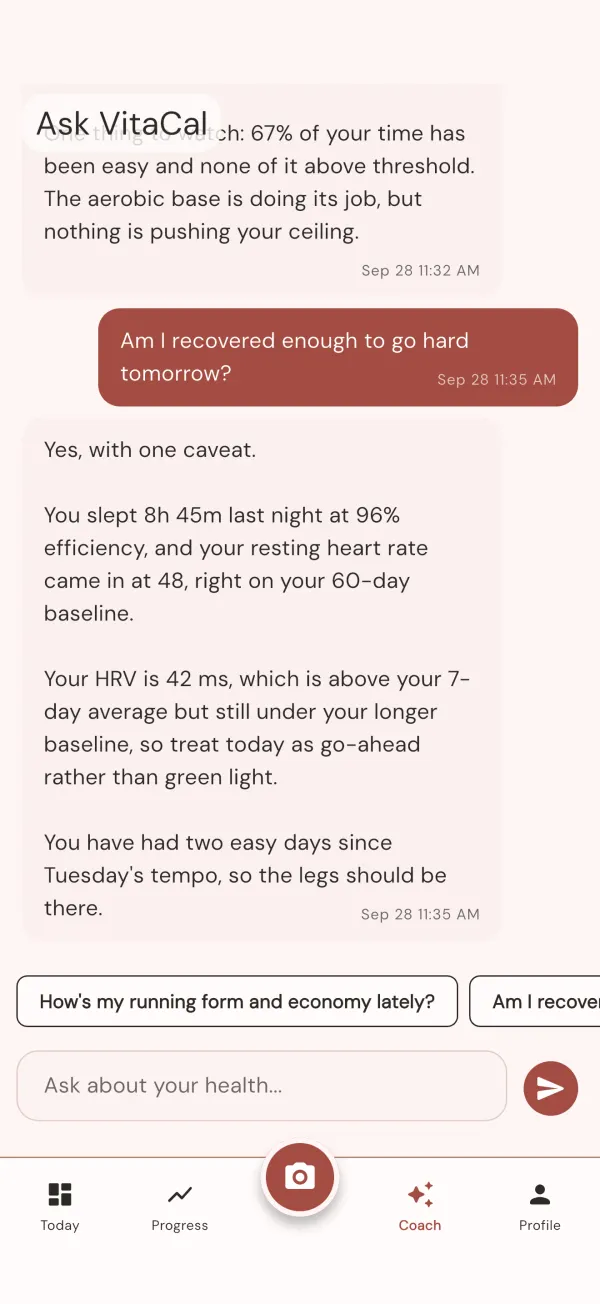 Ask VitaCal answering a question about recovery from synced sleep and heart rate data