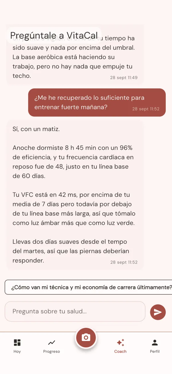 Pregunta a VitaCal y recibe una respuesta sobre la recuperación a partir de datos sincronizados de sueño y frecuencia cardíaca