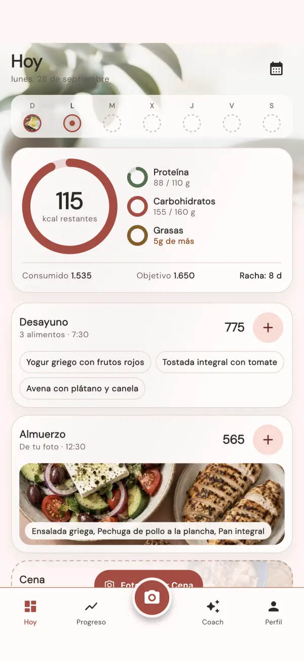 La pantalla Hoy de VitaCal: calorías restantes, proteínas, carbohidratos y grasas, y las comidas del día