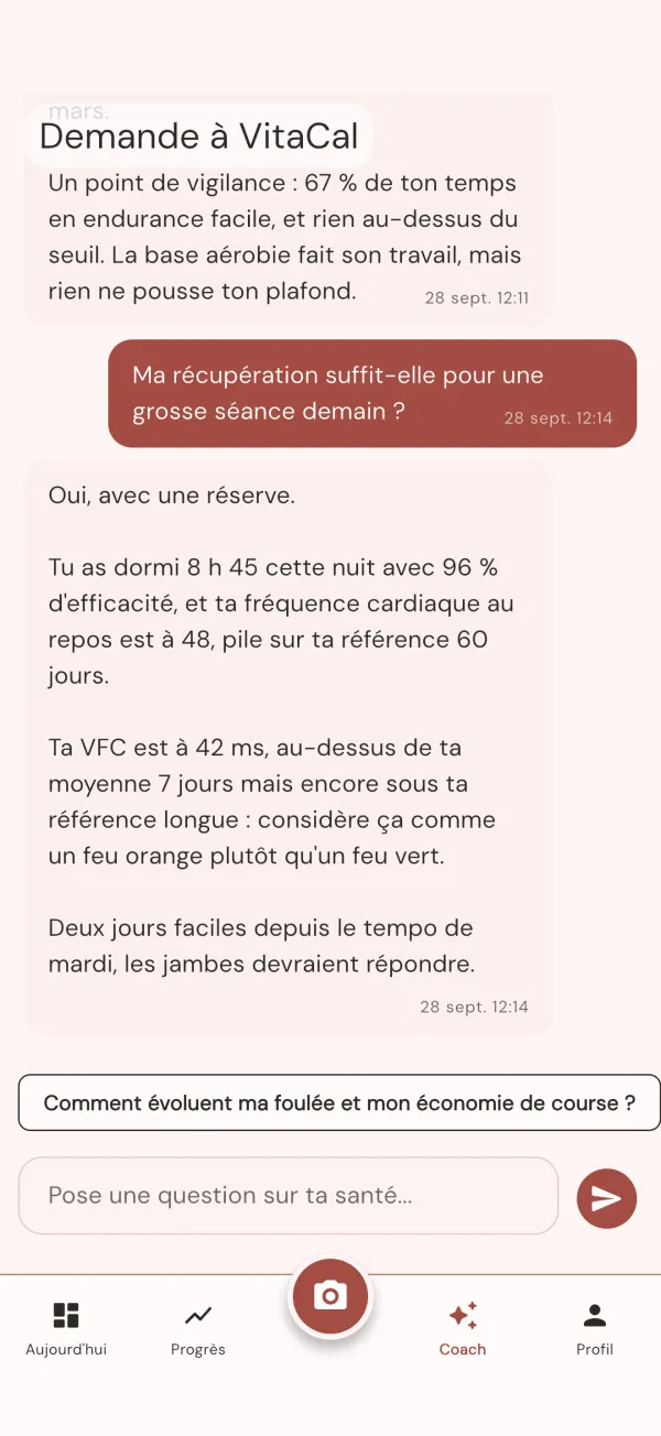 Demande à VitaCal : réponse à une question sur la récupération à partir des données de sommeil et de fréquence cardiaque synchronisées