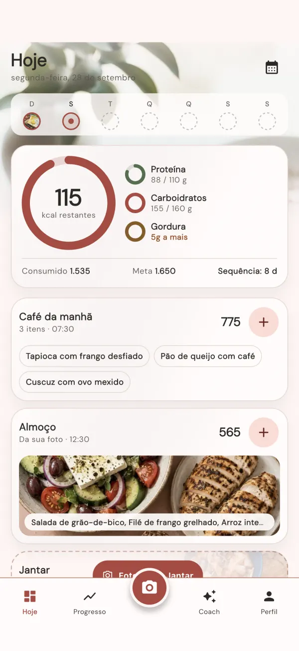 A tela Hoje do VitaCal: calorias restantes, proteínas, carboidratos e gorduras, e as refeições do dia